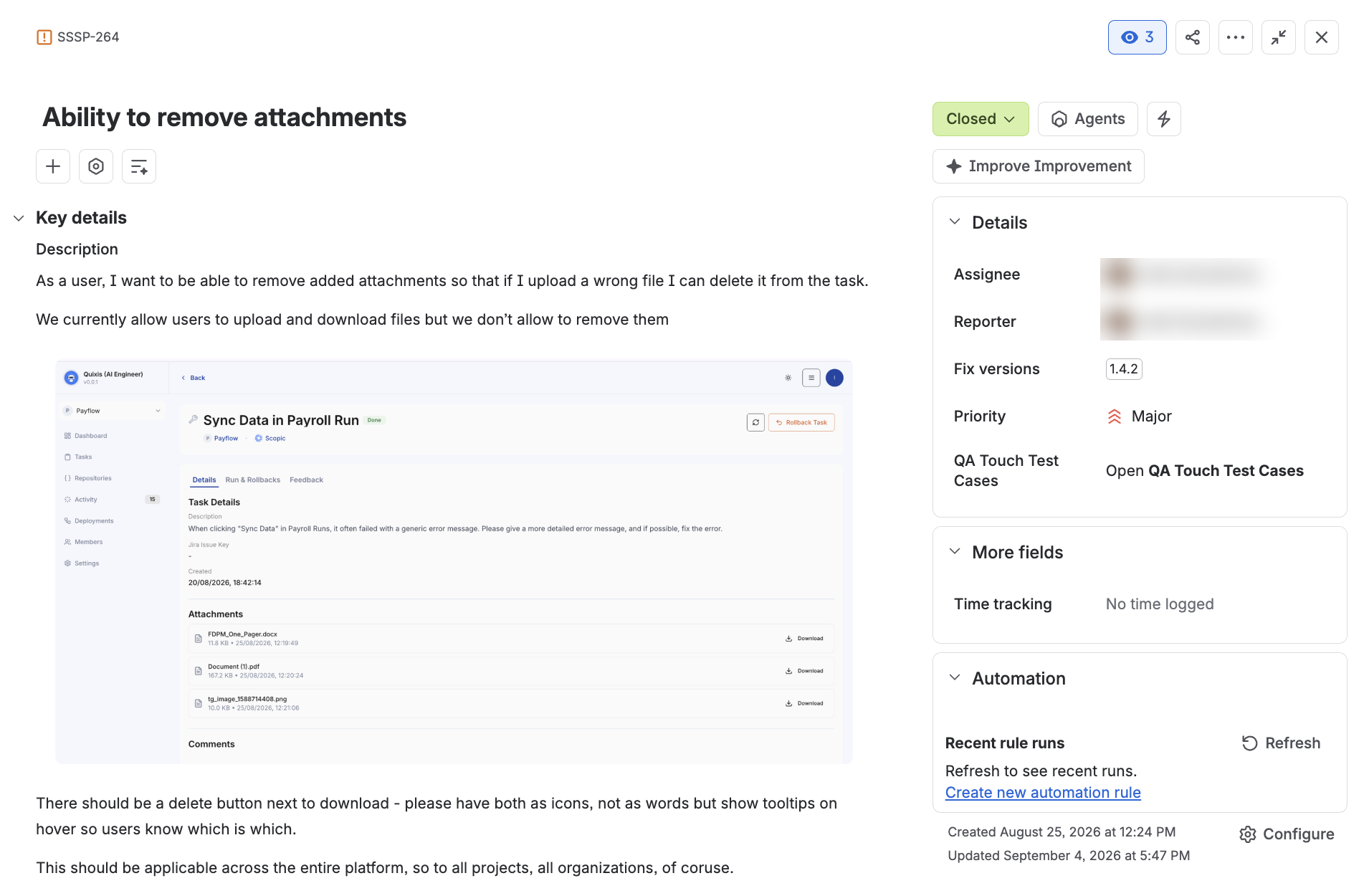 Jira ticket SSSP-264, Ability to remove attachments, assigned to Quixis