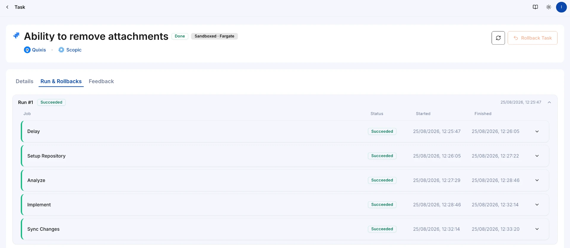 Quixis run log showing Setup Repository, Analyze, Implement and Sync Changes steps succeeded