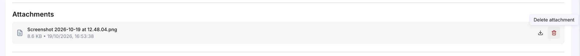 Shipped result: download and delete icons with a Delete attachment tooltip